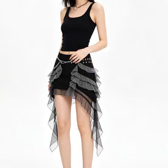 Chain-detail ruffled ribbon mini skirt