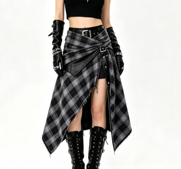 Faux-leather paneled maxi skirt with a distressed