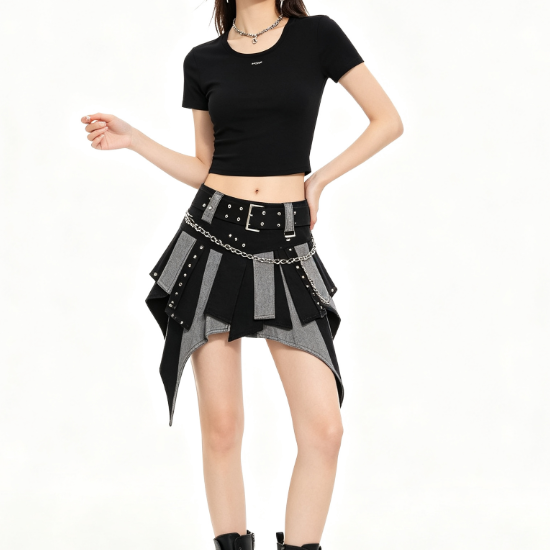 Black and grey color-block asymmetric skirt